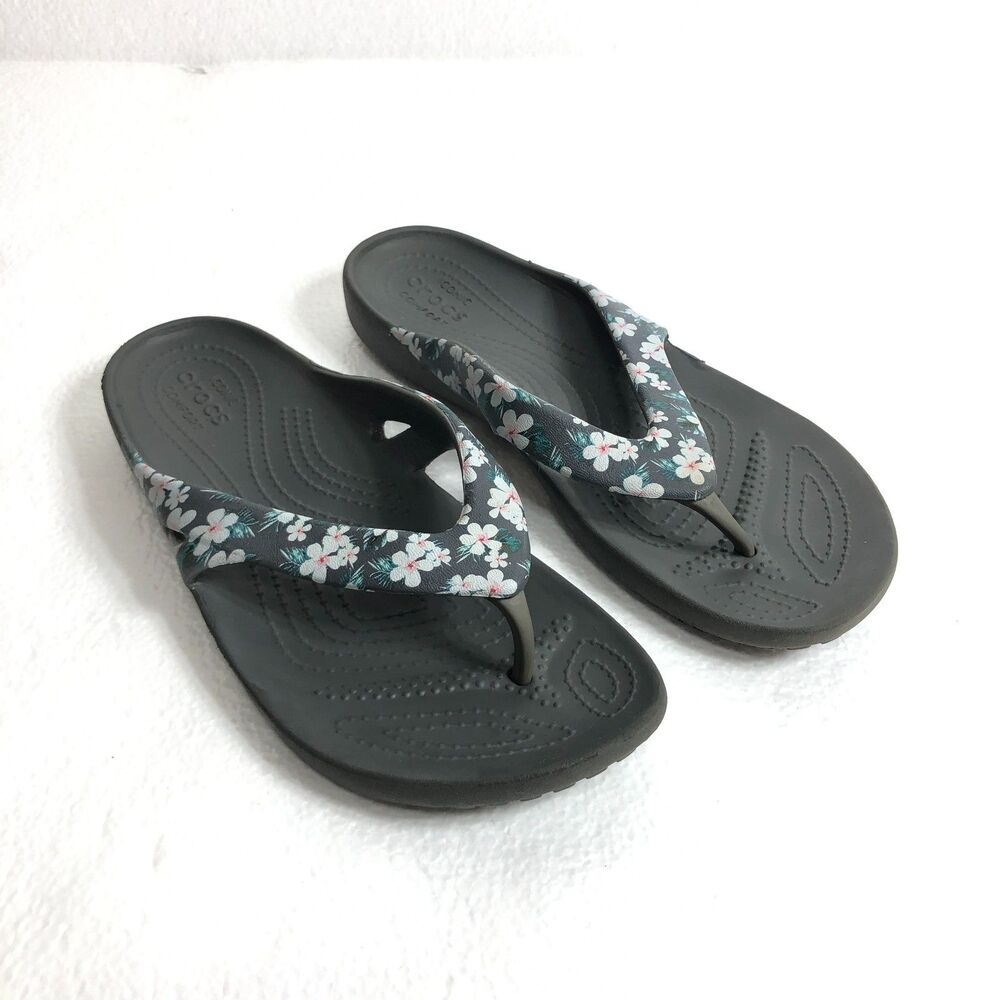 Crocs Comfort Kadee II Rose Printed Gray Flip Flops Sandals Womens Size 7